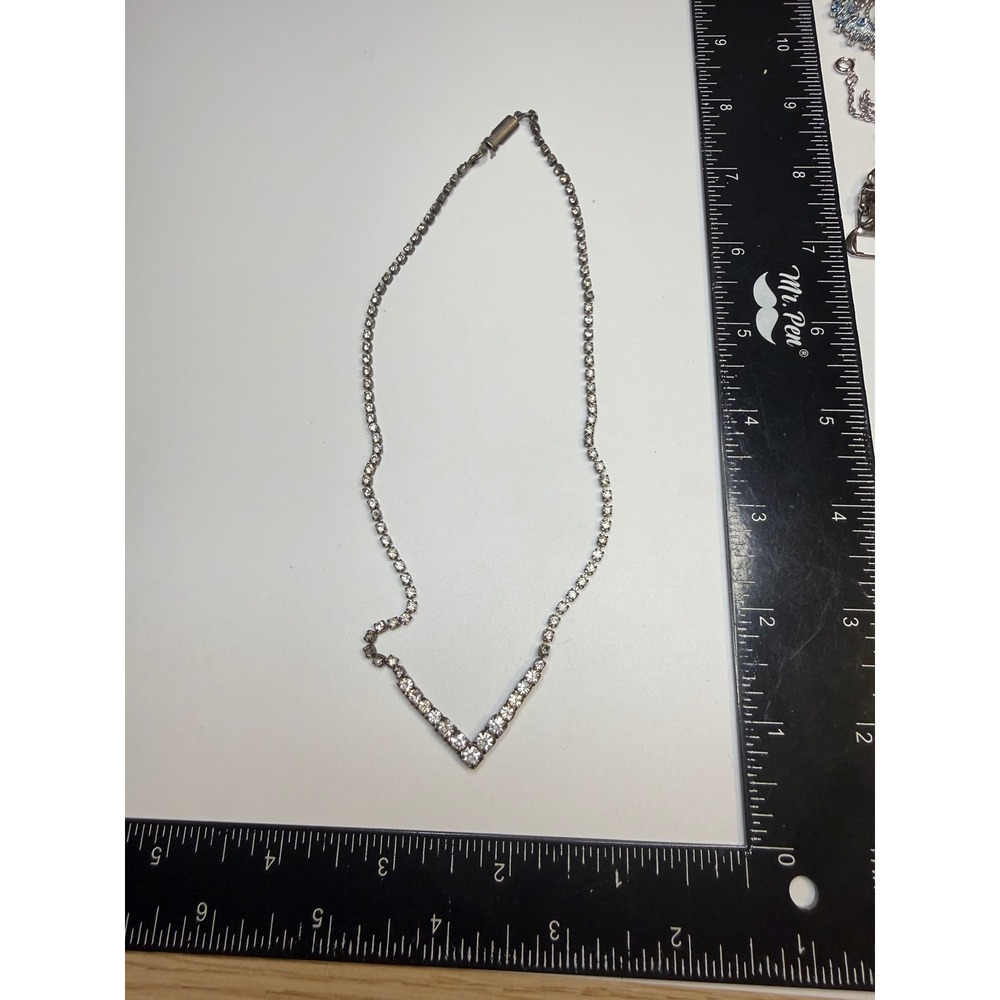 Vintage Rhinestone V Shape Chevron Choker Necklace Silver Tone Bridal Formal 15"